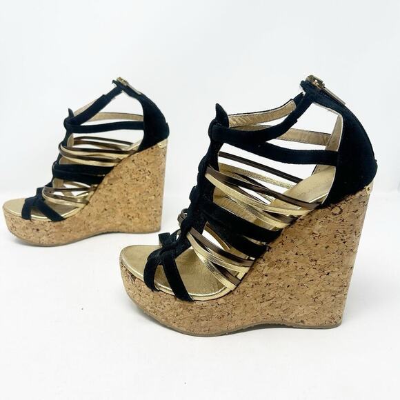 Jimmy Choo Black and and Gold Strappy Platform Cork Wedge Sandals 37.5 (7.5) - Picture 2 of 8